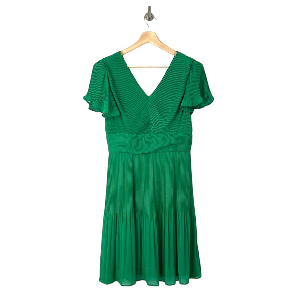 DKNY Kelly Green Spring Swing Micro Pleated Flutter Sleeve Dress Size 8 Medium